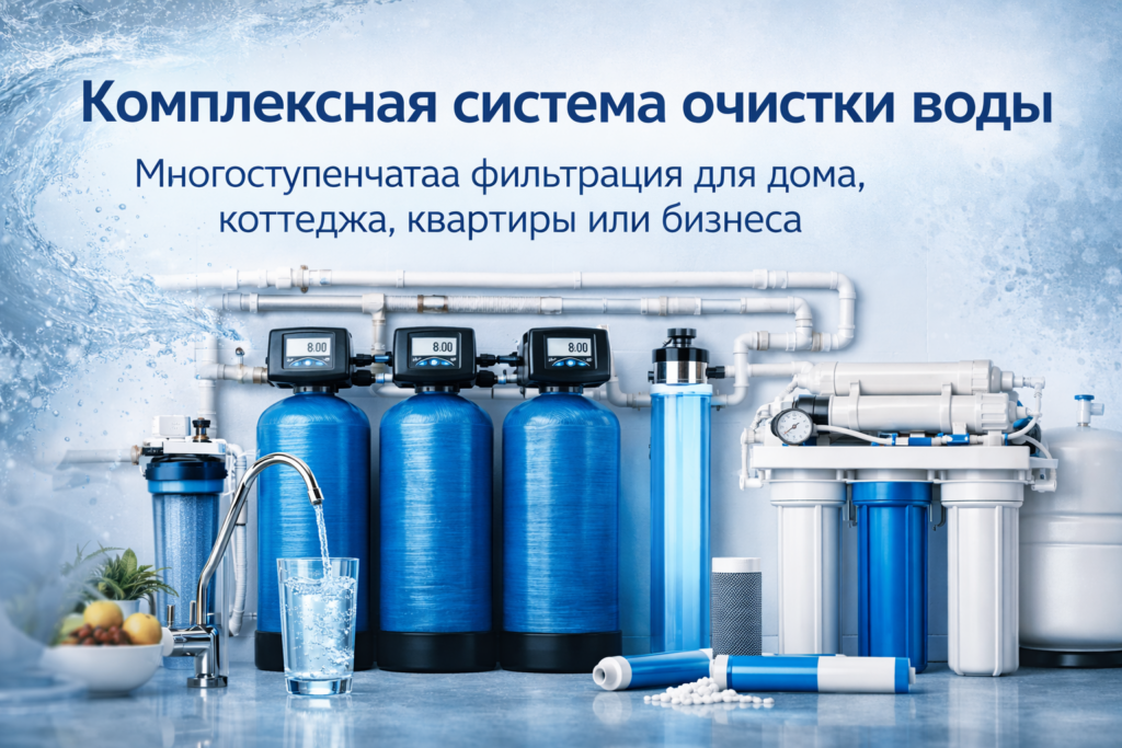 Комплексная система очистки воды для дома с многоступенчатой фильтрацией и автоматическими колоннами